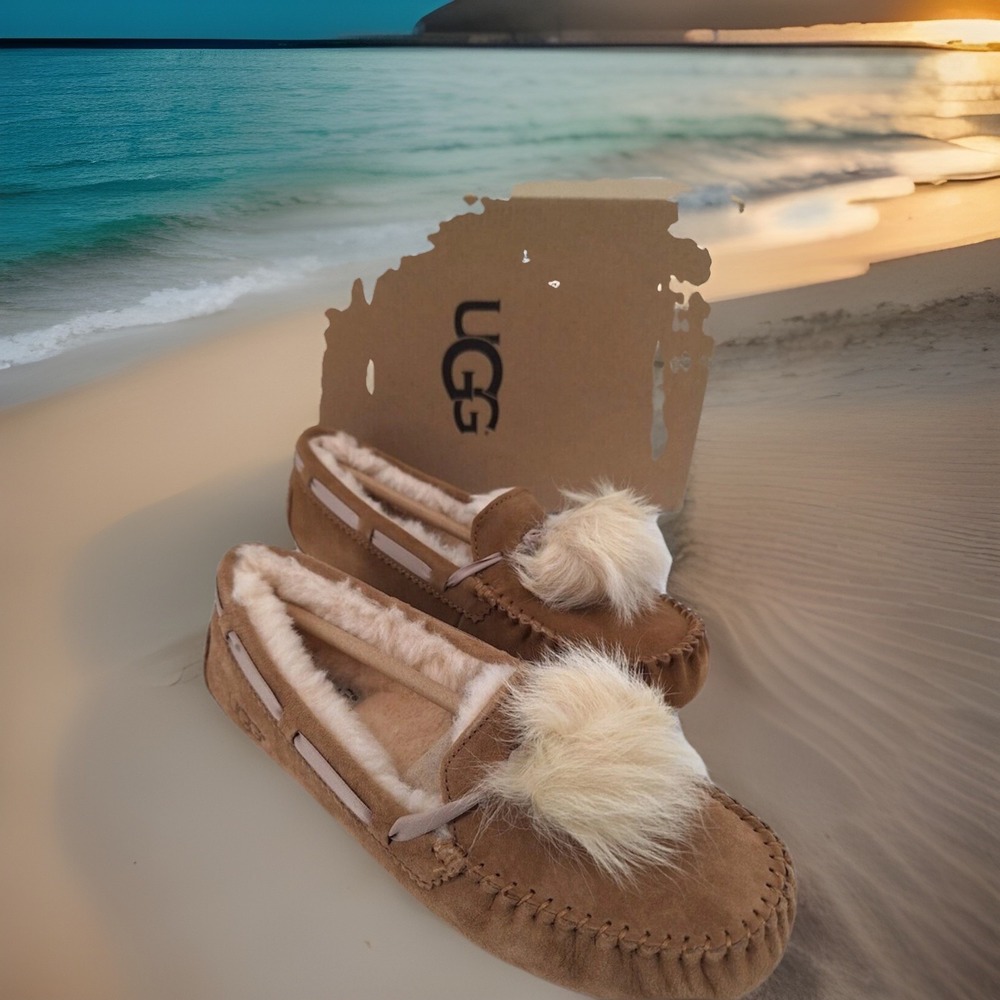 UGG DAKOTA POM POM CHESTNUT SHEARLING LINED SLIPPERS US 6 / EU 37 / UK 4.5 NIB
